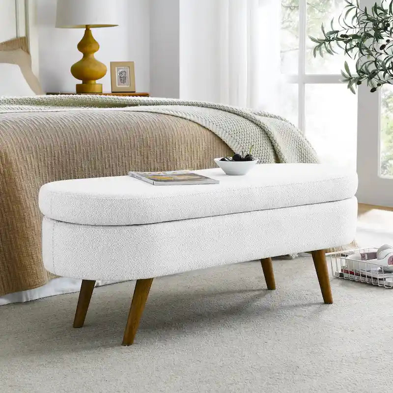Oval Upholstered Storage Ottoman Bench with Rubber Wood Legs Beige White