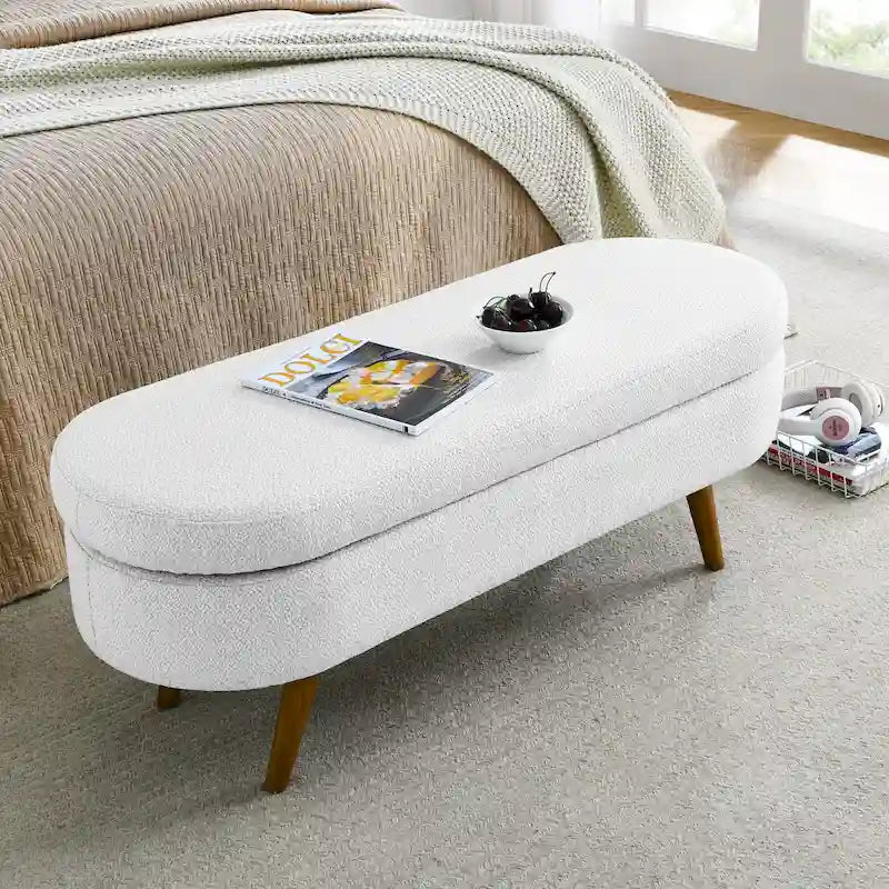 Oval Upholstered Storage Ottoman Bench with Rubber Wood Legs Beige White