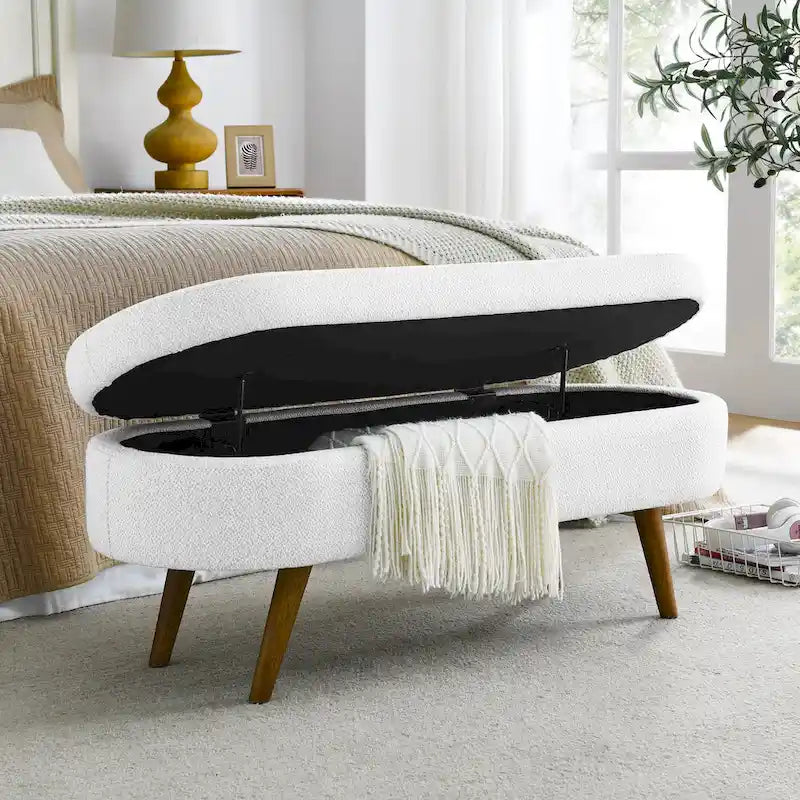 Oval Upholstered Storage Ottoman Bench with Rubber Wood Legs Beige White