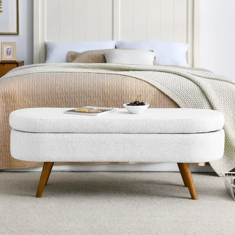 Oval Upholstered Storage Ottoman Bench with Rubber Wood Legs Beige White