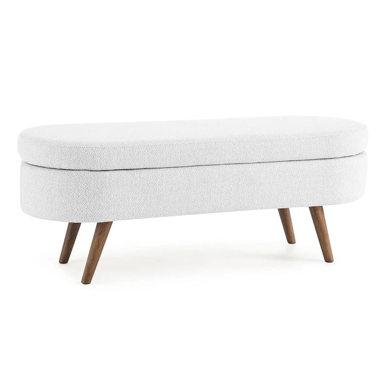 Oval Upholstered Storage Ottoman Bench with Rubber Wood Legs Beige White