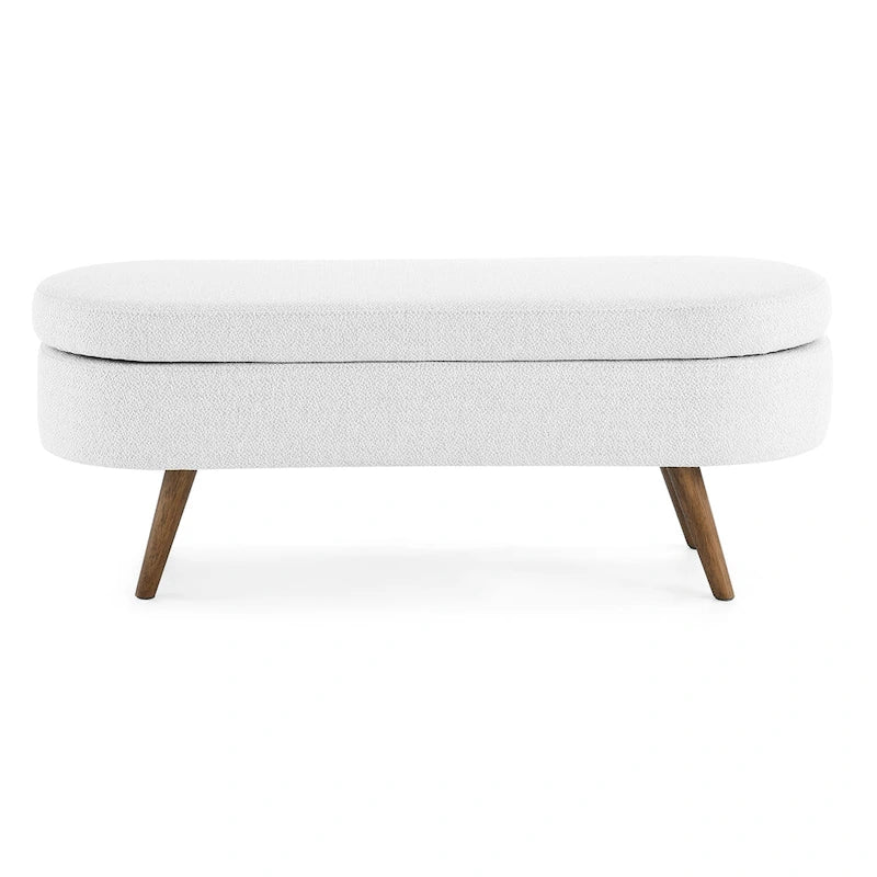 Oval Upholstered Storage Ottoman Bench with Rubber Wood Legs Beige White