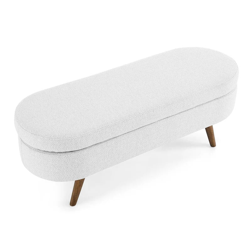 Oval Upholstered Storage Ottoman Bench with Rubber Wood Legs Beige White