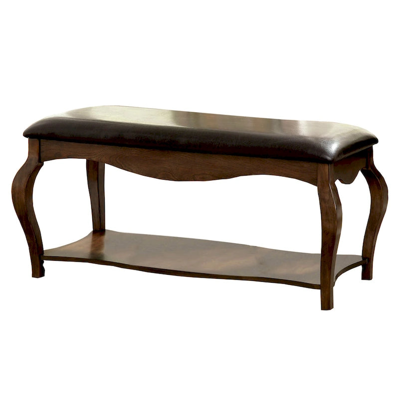 Transitional Tobacco Oak Faux Leather Accent Bench with Storage Shelf