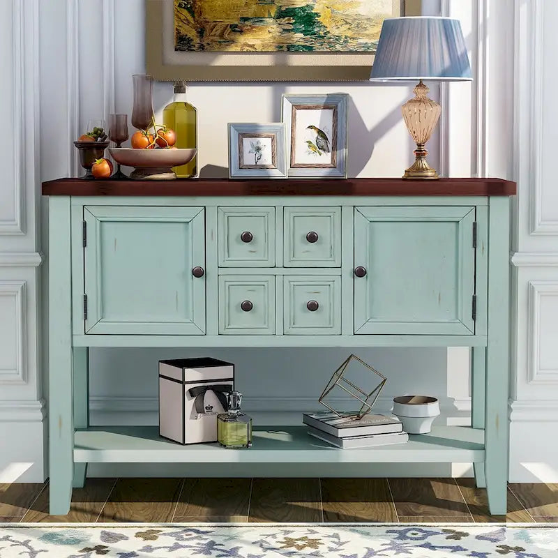 Buffet Sideboard Console Table with Four Drawers Two Cabinets and Bottom Shelf