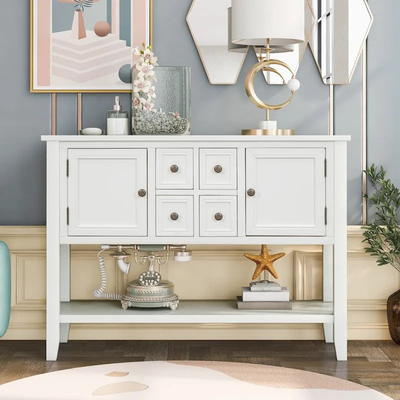 Buffet Sideboard Console Table with Four Drawers Two Cabinets and Bottom Shelf