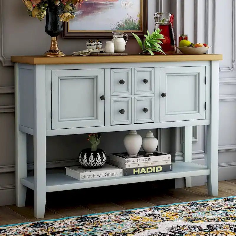 Buffet Sideboard Console Table with Four Drawers Two Cabinets and Bottom Shelf