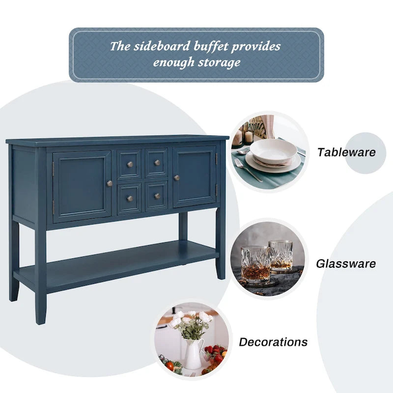 Buffet Sideboard Console Table with Four Drawers Two Cabinets and Bottom Shelf