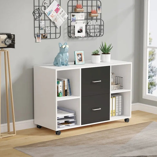 2-Drawer Mobile Lateral File Cabinet with Printer Stand, Brown & White