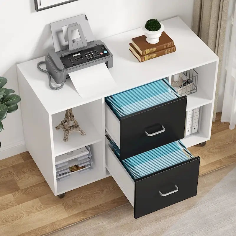 2-Drawer Mobile Lateral File Cabinet with Printer Stand, Brown & White