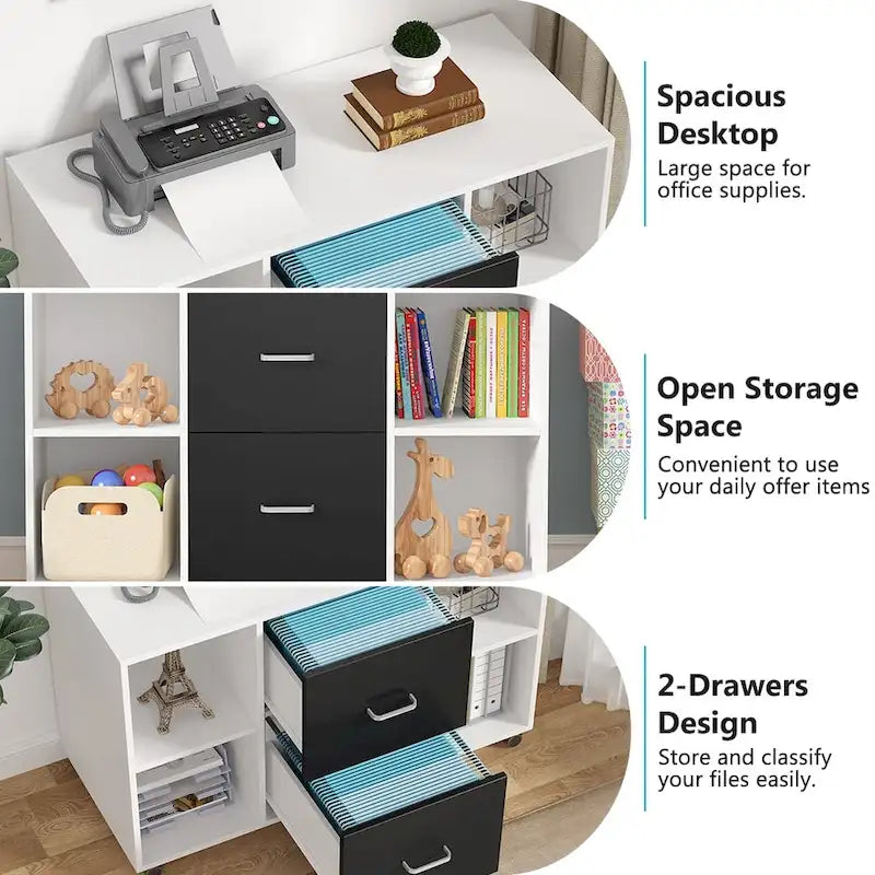 2-Drawer Mobile Lateral File Cabinet with Printer Stand, Brown & White