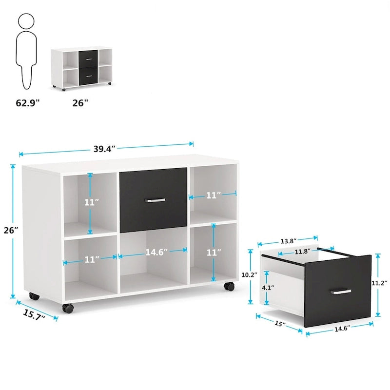 2-Drawer Mobile Lateral File Cabinet with Printer Stand, Brown & White