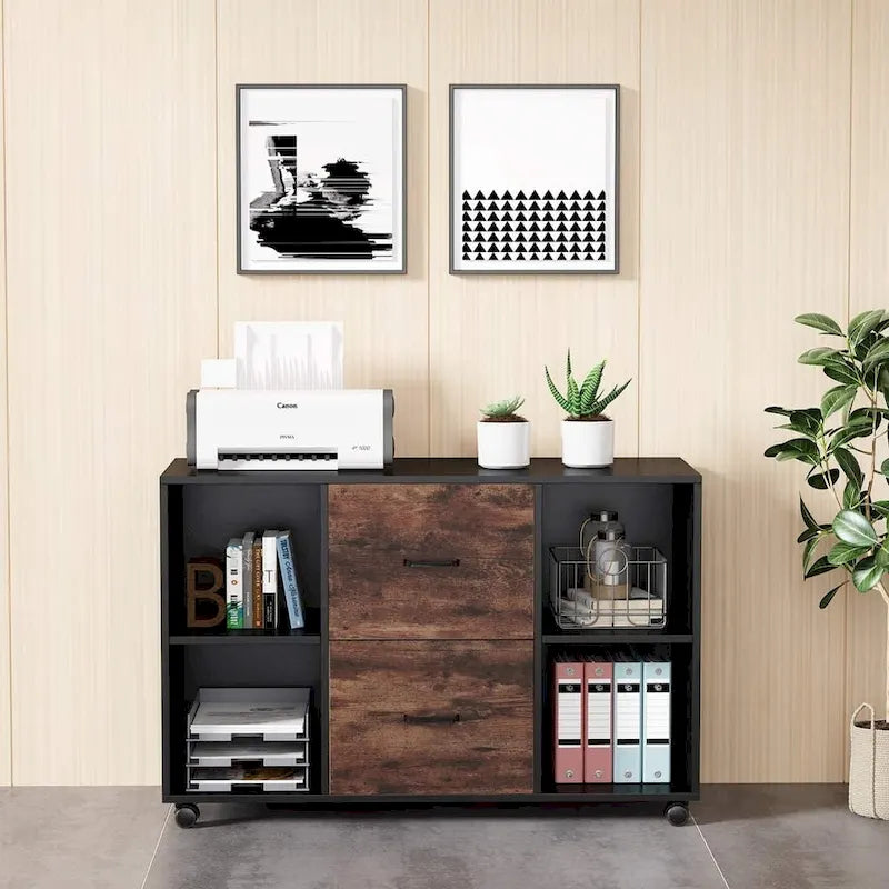 2-Drawer Mobile Lateral File Cabinet with Printer Stand, Brown & White