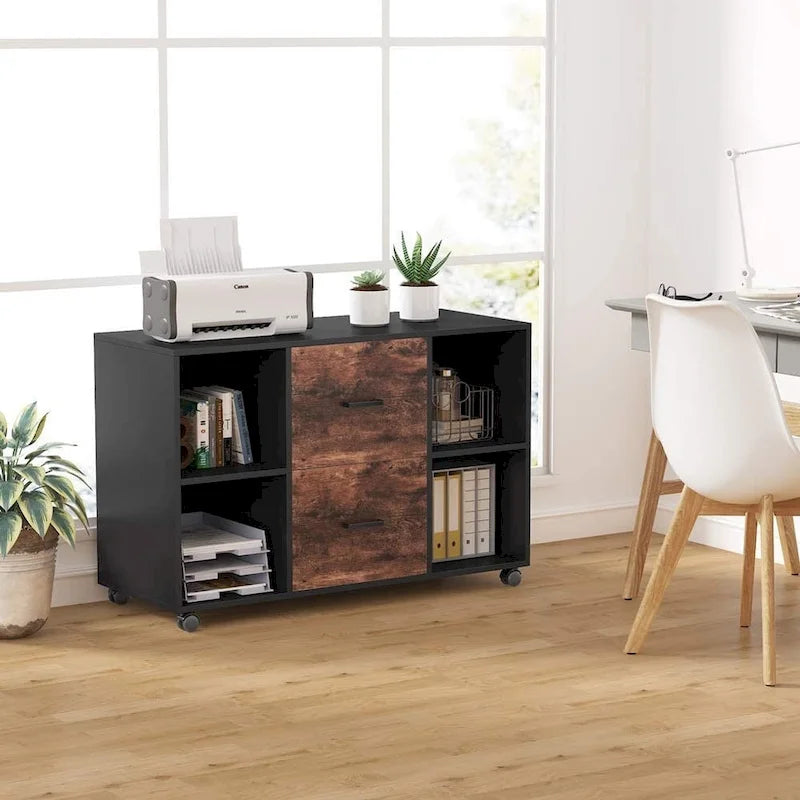 2-Drawer Mobile Lateral File Cabinet with Printer Stand, Brown & White