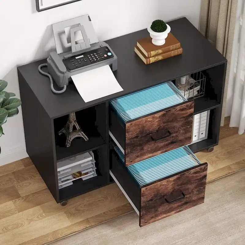 2-Drawer Mobile Lateral File Cabinet with Printer Stand, Brown & White