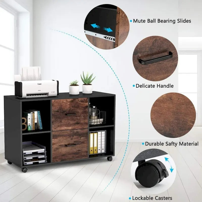 2-Drawer Mobile Lateral File Cabinet with Printer Stand, Brown & White