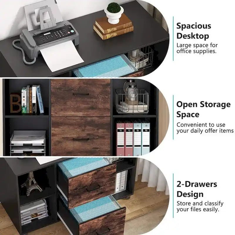 2-Drawer Mobile Lateral File Cabinet with Printer Stand, Brown & White