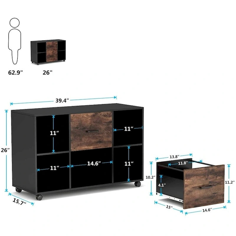 2-Drawer Mobile Lateral File Cabinet with Printer Stand, Brown & White