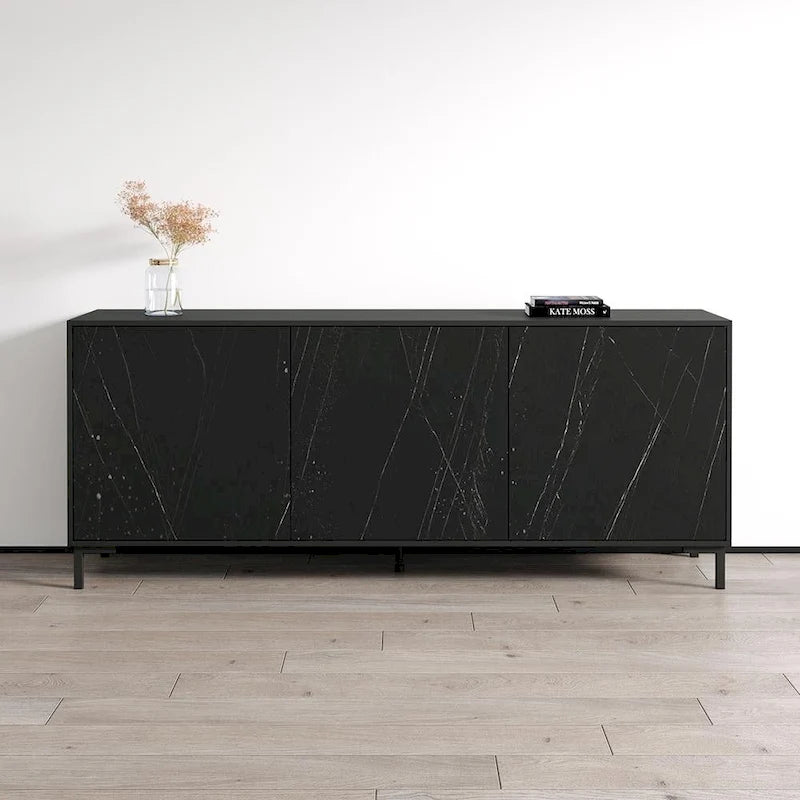 Modern Marble-Finish Matte Black Three-Door Living Room Storage Sideboard Buffet