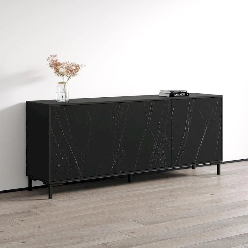 Modern Marble-Finish Matte Black Three-Door Living Room Storage Sideboard Buffet