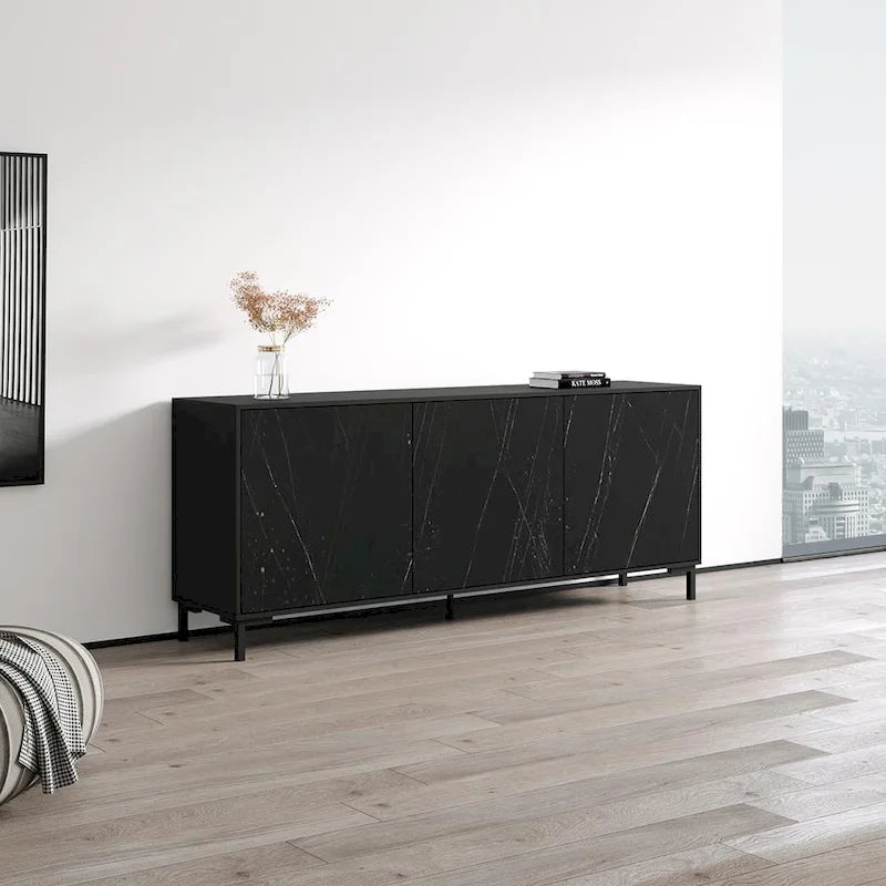 Modern Marble-Finish Matte Black Three-Door Living Room Storage Sideboard Buffet