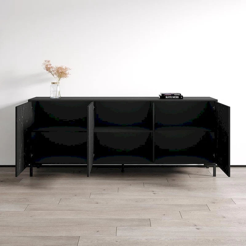 Modern Marble-Finish Matte Black Three-Door Living Room Storage Sideboard Buffet