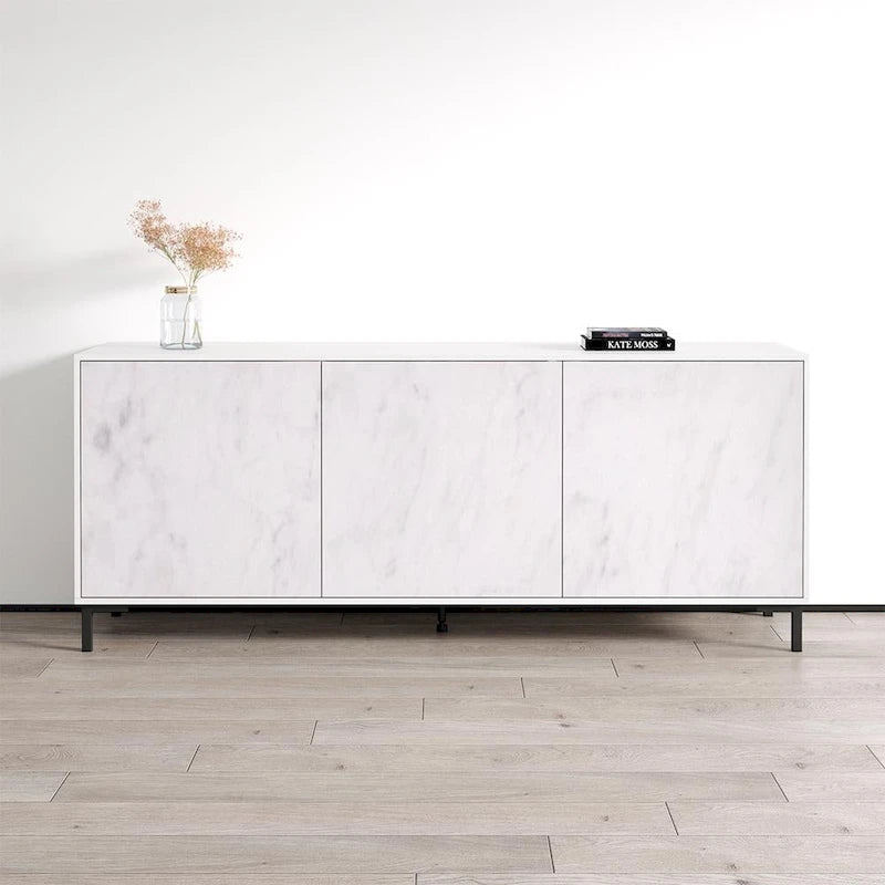 Modern Marble-Finish Matte Black Three-Door Living Room Storage Sideboard Buffet