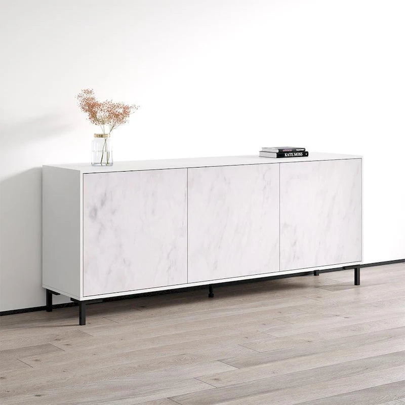 Modern Marble-Finish Matte Black Three-Door Living Room Storage Sideboard Buffet