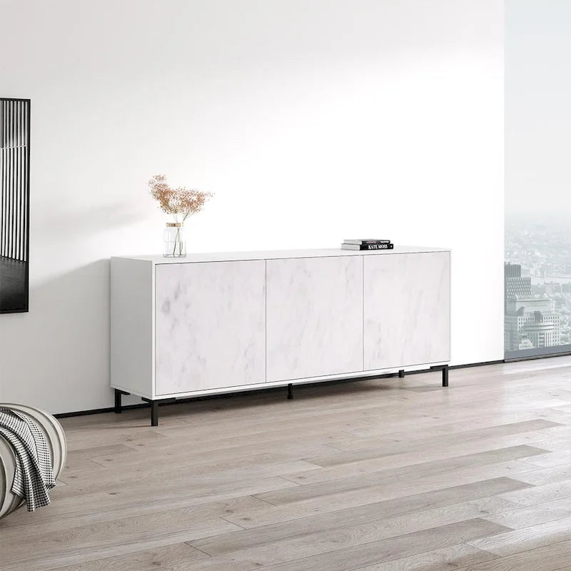 Modern Marble-Finish Matte Black Three-Door Living Room Storage Sideboard Buffet