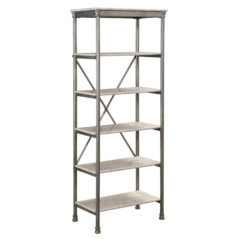 6-Tier Silver Metal Bathroom Shelf with Marble-Look Laminate Shelves
