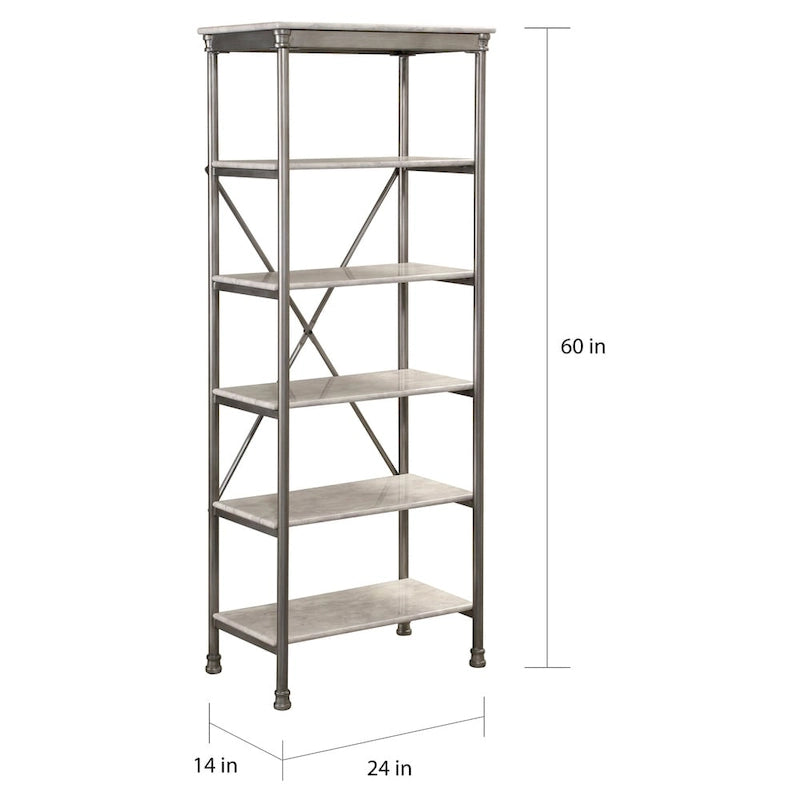 6-Tier Silver Metal Bathroom Shelf with Marble-Look Laminate Shelves