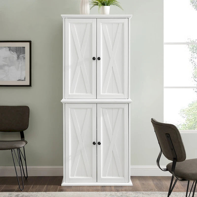 Tall Pantry Cabinet Distressed White Farmhouse X-Door Gunmetal Hardware