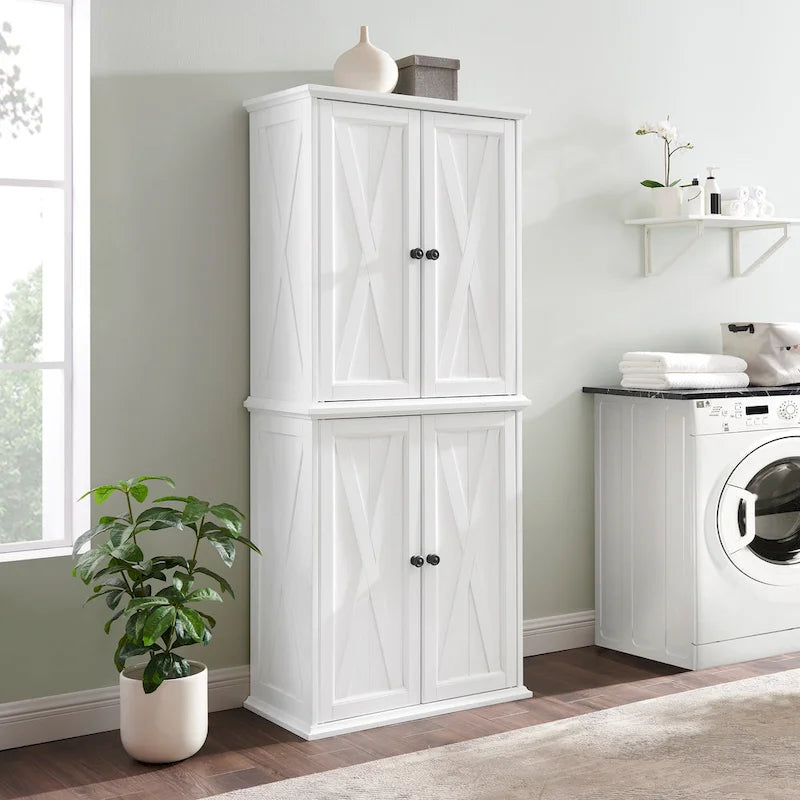 Tall Pantry Cabinet Distressed White Farmhouse X-Door Gunmetal Hardware