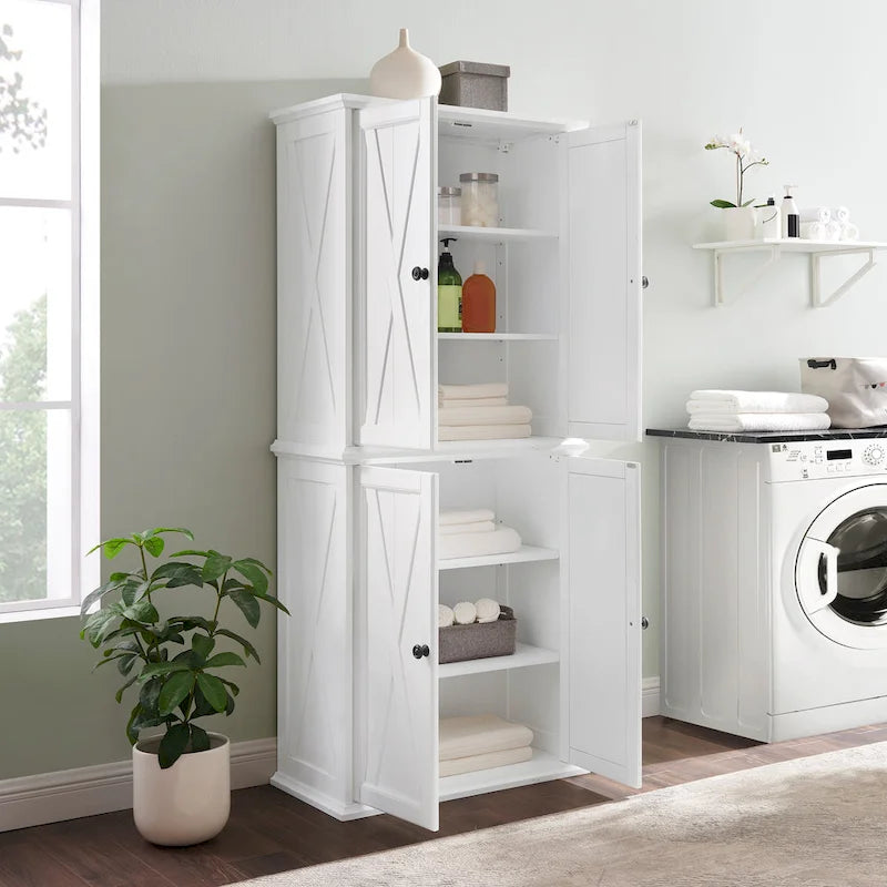 Tall Pantry Cabinet Distressed White Farmhouse X-Door Gunmetal Hardware