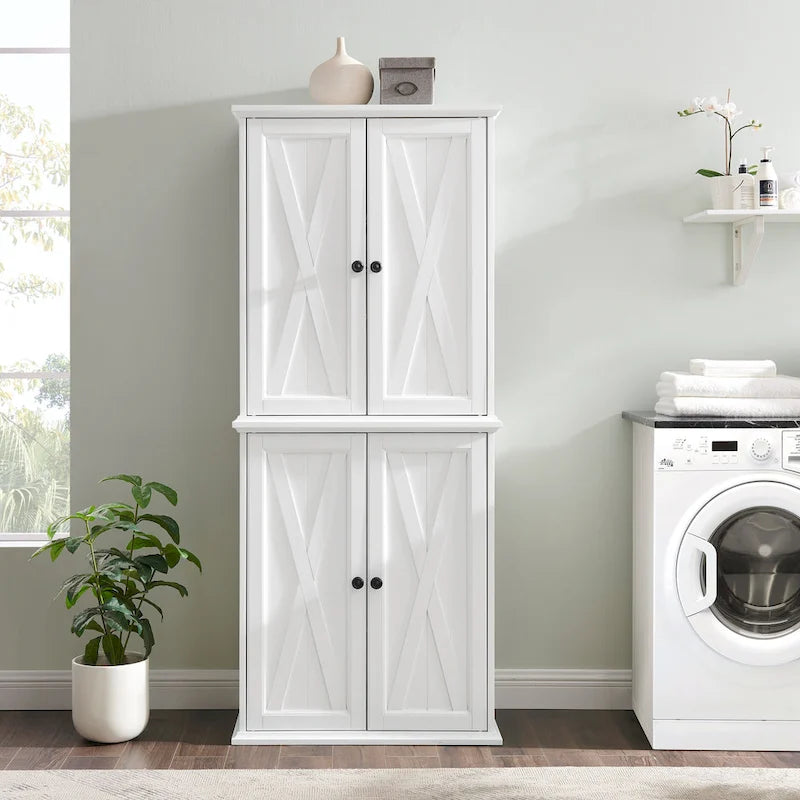 Tall Pantry Cabinet Distressed White Farmhouse X-Door Gunmetal Hardware