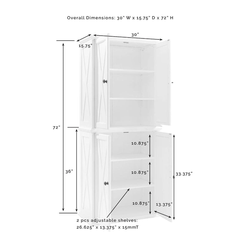 Tall Pantry Cabinet Distressed White Farmhouse X-Door Gunmetal Hardware