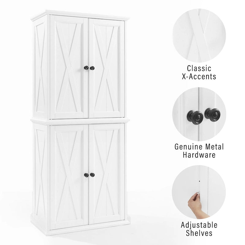 Tall Pantry Cabinet Distressed White Farmhouse X-Door Gunmetal Hardware