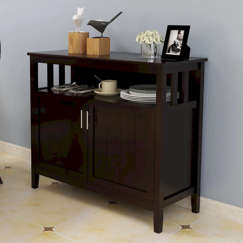 Brown Kitchen Storage Sideboard Buffet Cabinet with Magnetic Doors