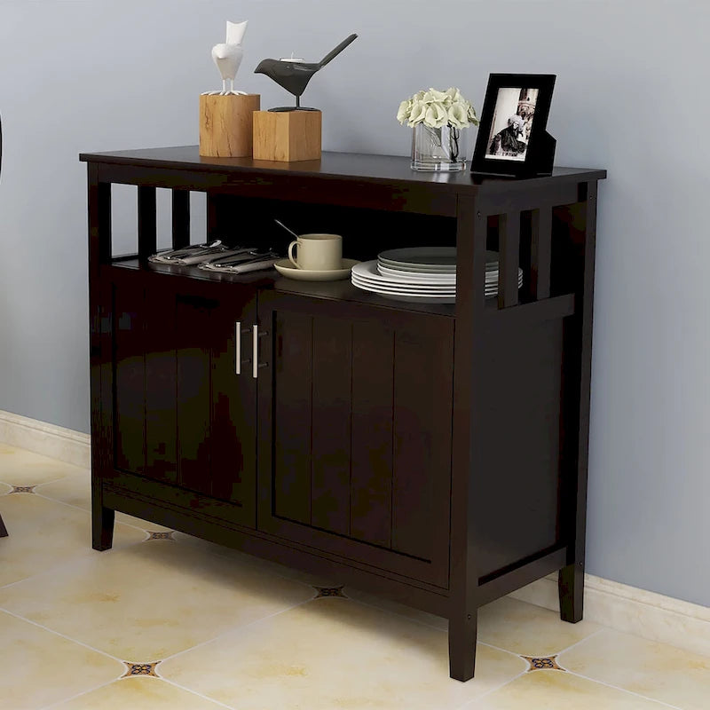 Brown Kitchen Storage Sideboard Buffet Cabinet with Magnetic Doors
