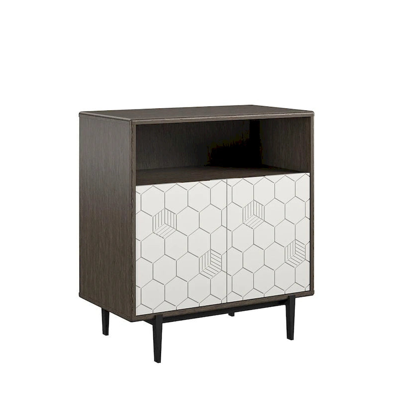 Grey Woodgrain Storage Cabinet with Geometric Double Doors and Open Cubby