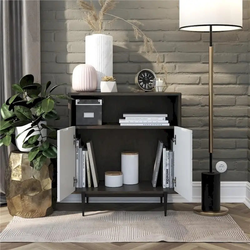 Grey Woodgrain Storage Cabinet with Geometric Double Doors and Open Cubby