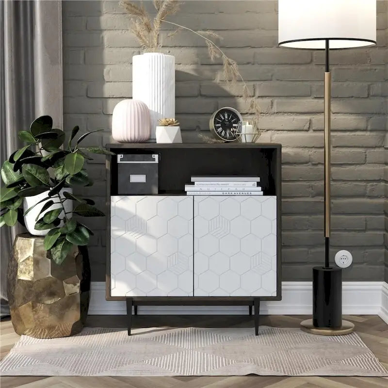 Grey Woodgrain Storage Cabinet with Geometric Double Doors and Open Cubby