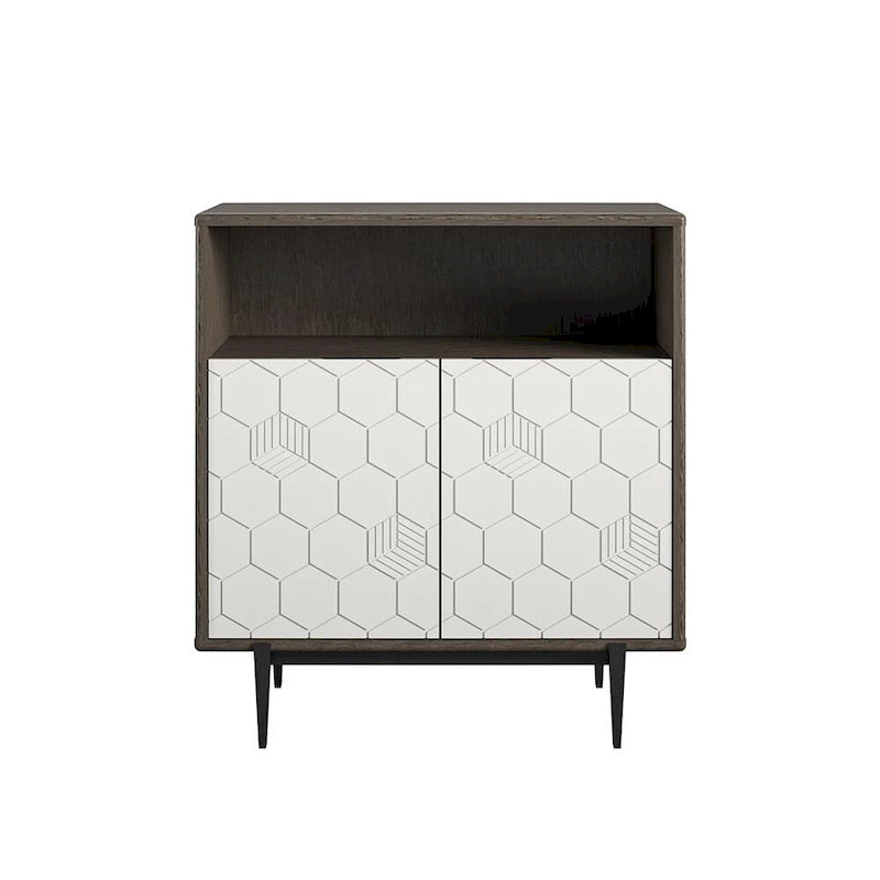 Grey Woodgrain Storage Cabinet with Geometric Double Doors and Open Cubby