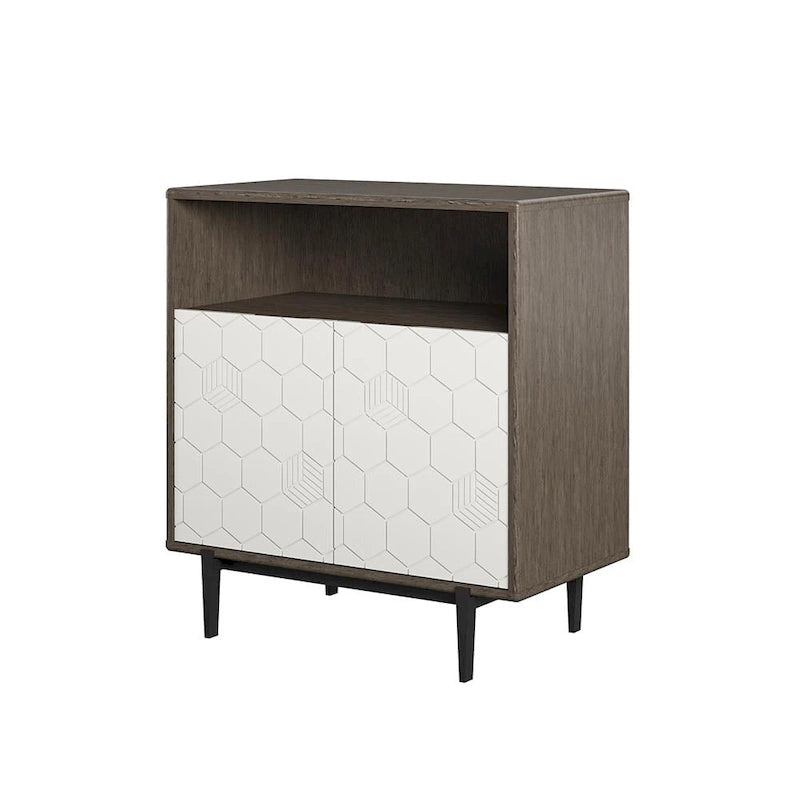 Grey Woodgrain Storage Cabinet with Geometric Double Doors and Open Cubby