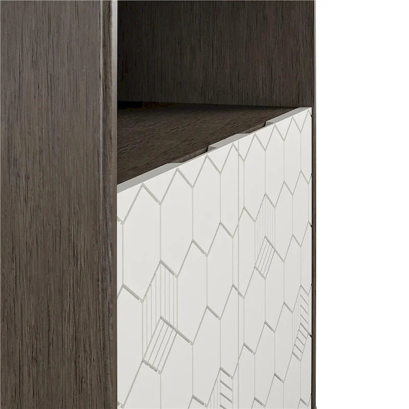 Grey Woodgrain Storage Cabinet with Geometric Double Doors and Open Cubby