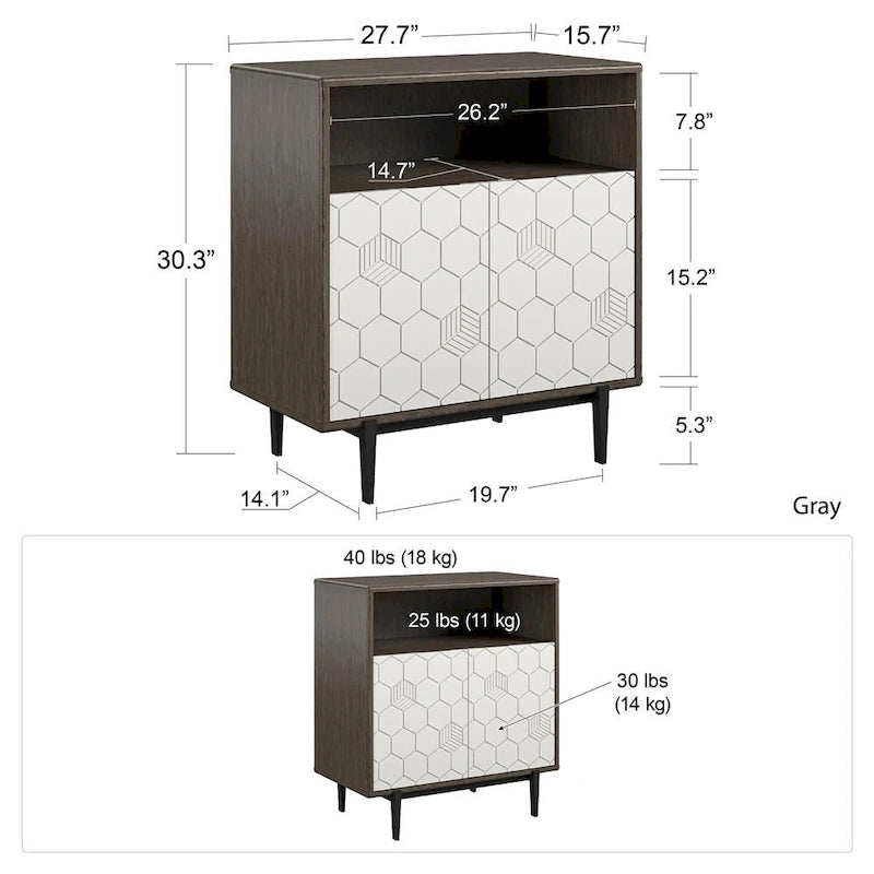 Grey Woodgrain Storage Cabinet with Geometric Double Doors and Open Cubby
