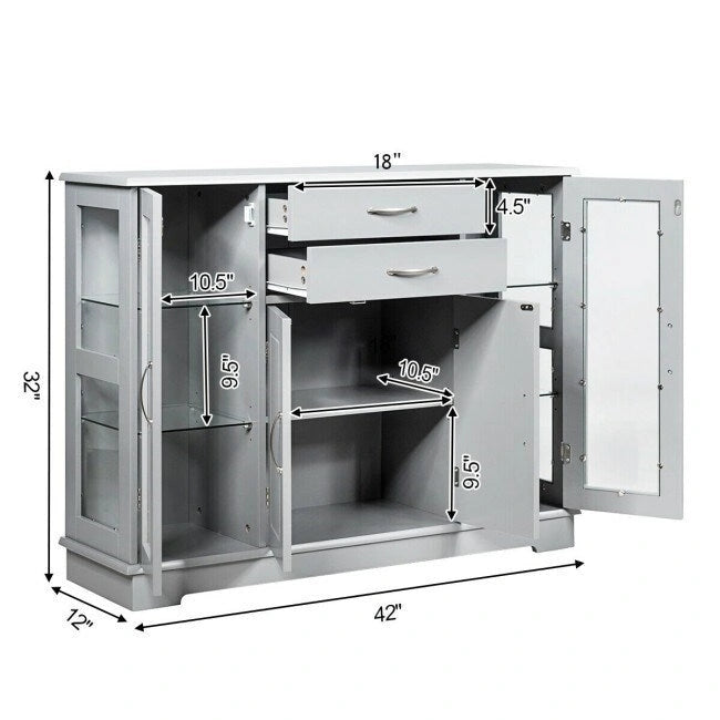 Wood Buffet Sideboard Cabinet with Glass Display Doors - 42 inches L x 11.5 inches W x 32 inches H