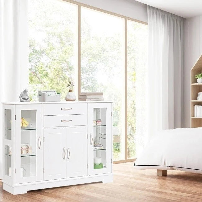 Wood Buffet Sideboard Cabinet with Glass Display Doors - 42 inches L x 11.5 inches W x 32 inches H