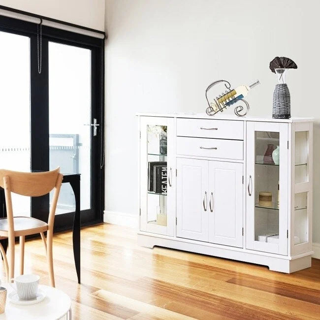 Wood Buffet Sideboard Cabinet with Glass Display Doors - 42 inches L x 11.5 inches W x 32 inches H
