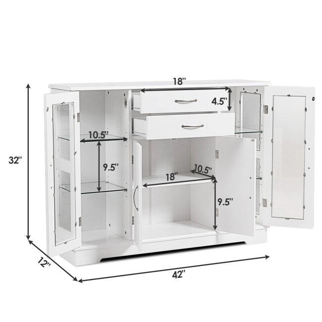 Wood Buffet Sideboard Cabinet with Glass Display Doors - 42 inches L x 11.5 inches W x 32 inches H